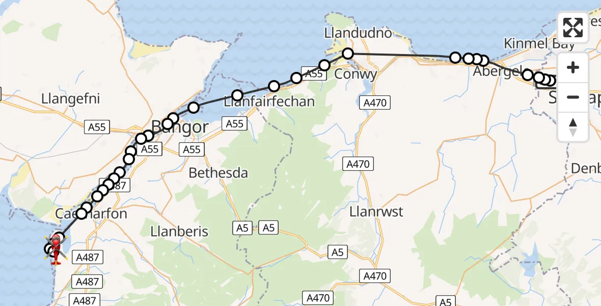 Flight route Air Ambulance Helicopter Ysbyty Glan Clywd Hospital Heliport - Caernarfon Airport, 22 July 2026, 18:50