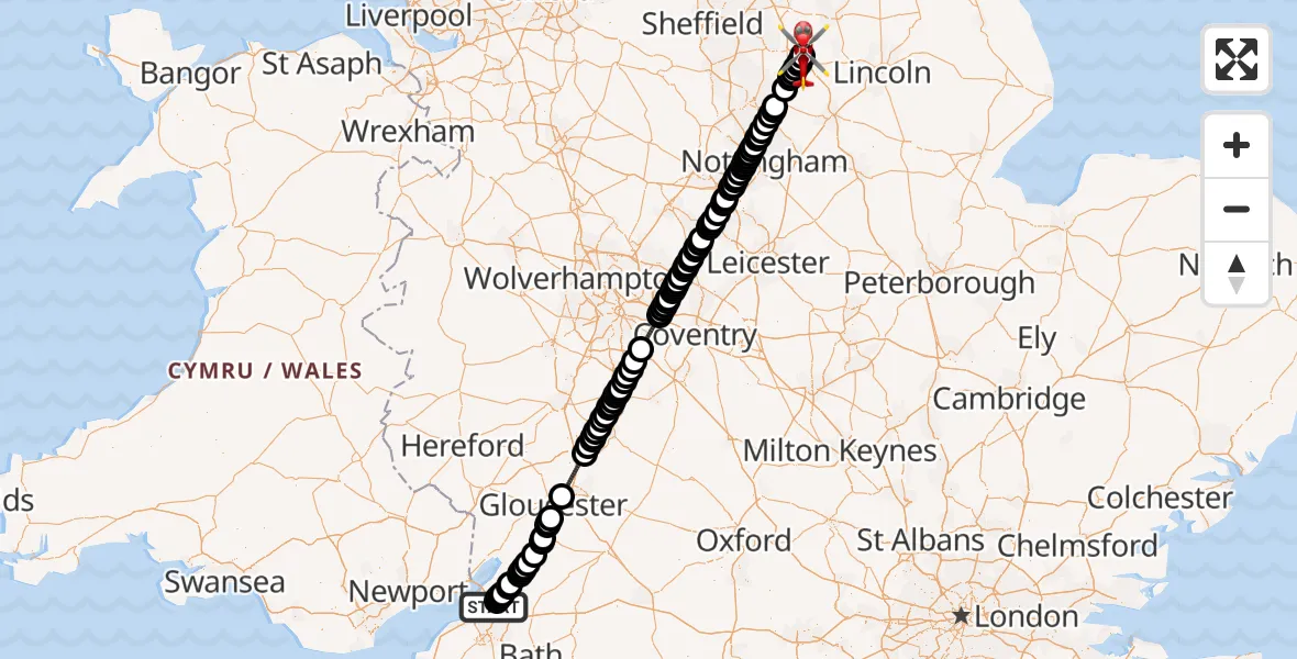 Flight route Air Ambulance Helicopter Bristol - Retford Gamston Airport, 22 July 2026, 18:58