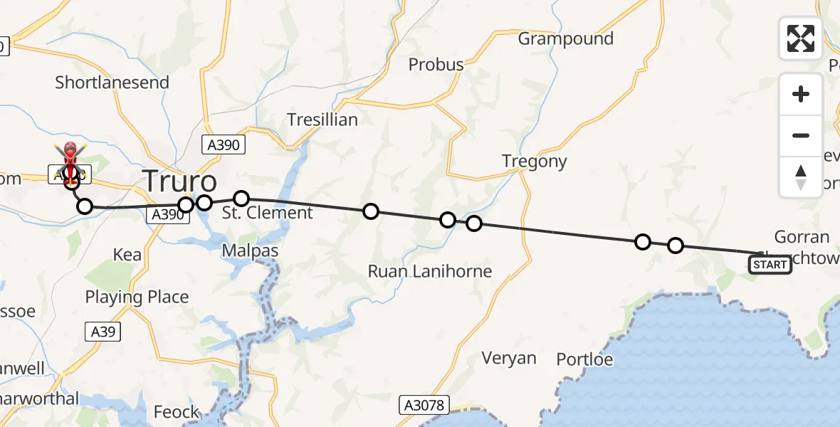 Flight route Air Ambulance Helicopter Gorran Churchtown - Treliske Hospital, 22 July 2026, 19:02