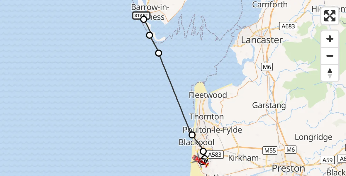 Flight route Air Ambulance Helicopter Barrow-in-Furness - Blackpool Airport, 22 July 2026, 19:12