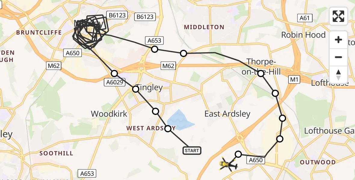 Flight route Police Helicopter East Ardsley - East Ardsley, 22 July 2026, 19:13
