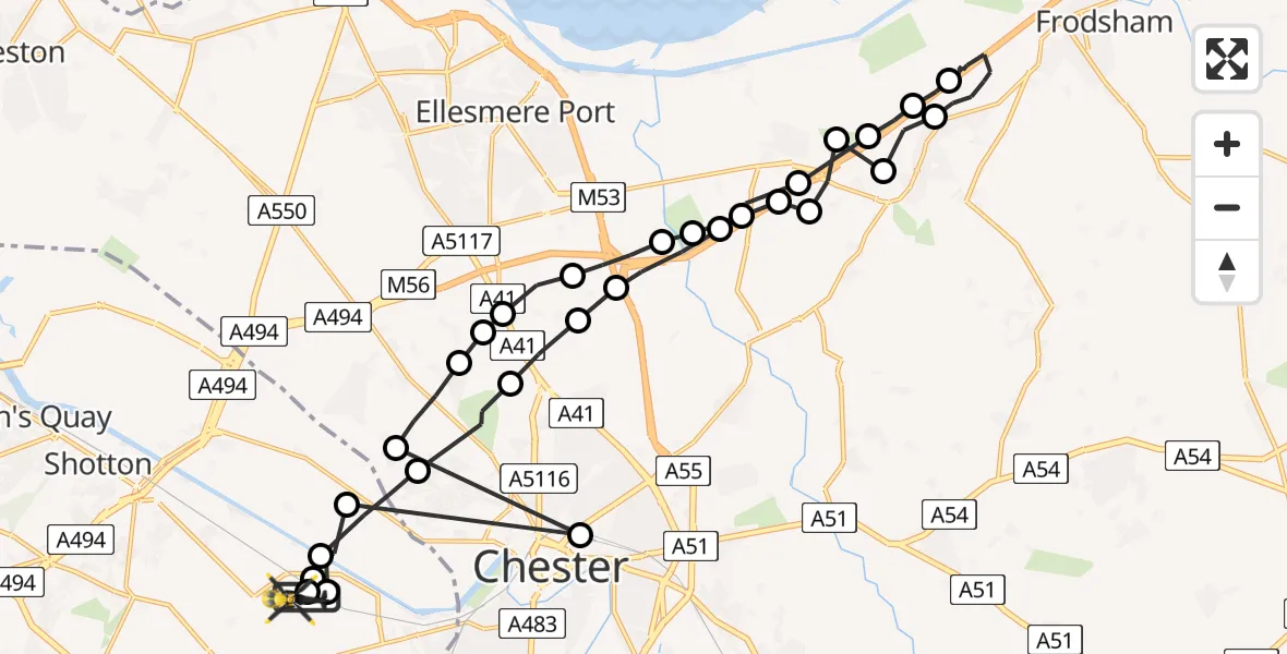 Flight route Police Helicopter Hawarden Airport - Hawarden Airport, 22 July 2026, 19:14
