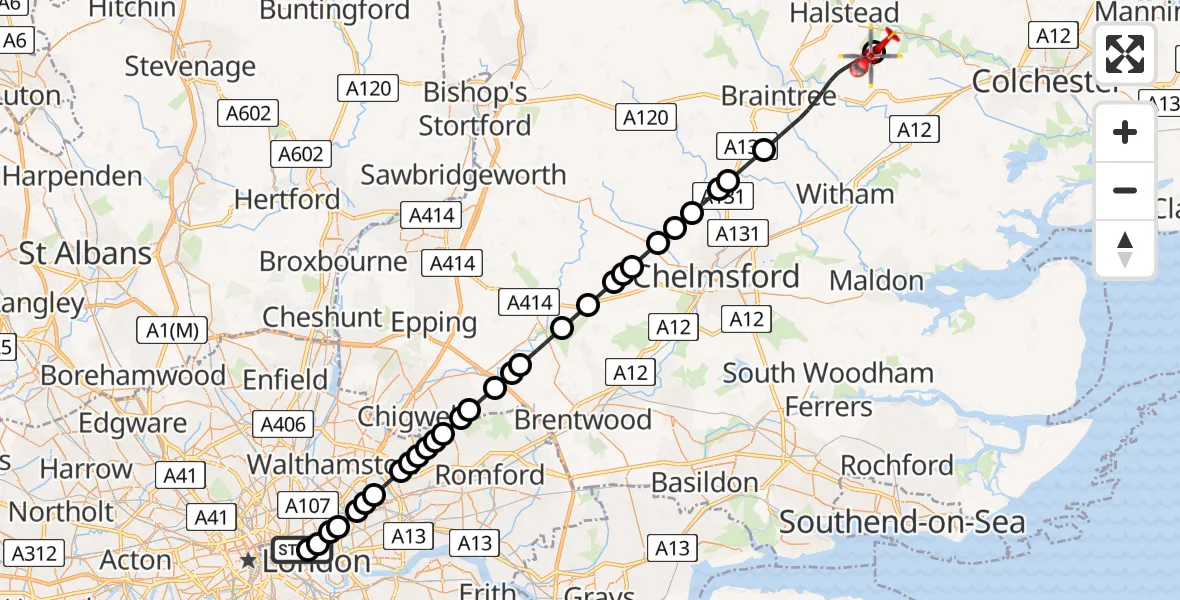 Flight route Air Ambulance Helicopter Royal London Hospital - Earls Colne Airfield, 22 July 2026, 19:30