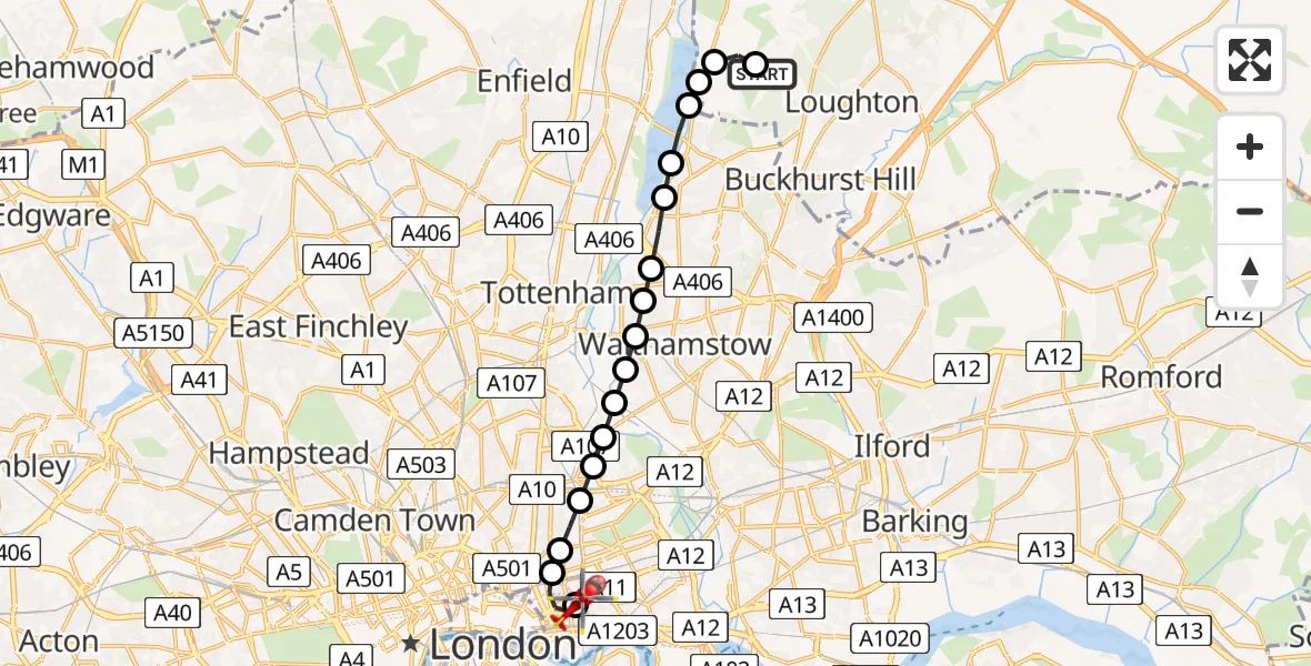 Flight route Air Ambulance Helicopter Metropolitan Police Air Support Unit Lippitts Hill - Royal London Hospital, 22 July 2026, 19:38