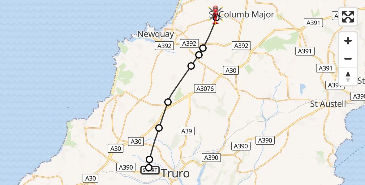Flight route Air Ambulance Helicopter Treliske Hospital - Cornwall Airport Newquay, 22 July 2026, 19:41