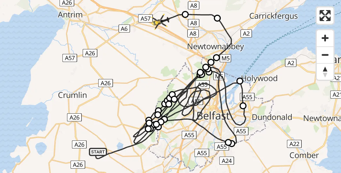 Flight route Police Helicopter Lisburn - Antrim and Newtownabbey District, 22 July 2026, 19:42
