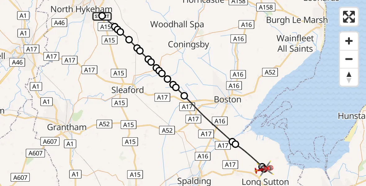 Flight route Air Ambulance Helicopter RAF Waddington - Wingland Airfield, 22 July 2026, 19:51