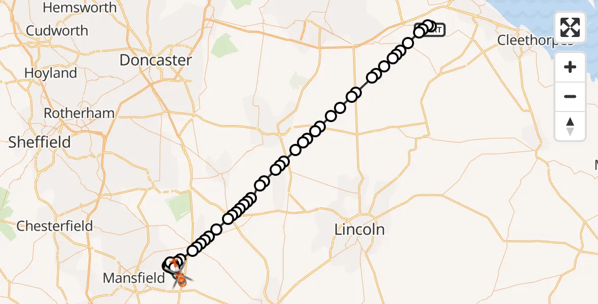 Flight route Coastguard Helicopter Humberside Airport - Newark and Sherwood, 22 July 2026, 20:06