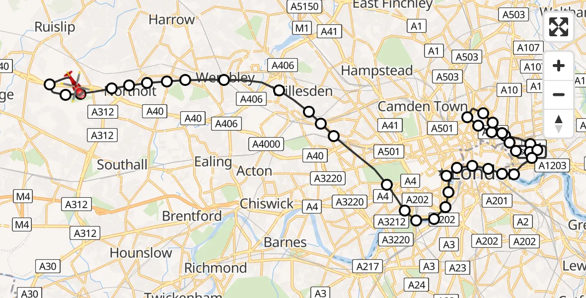 Flight route Air Ambulance Helicopter Royal London Hospital - RAF Northolt, 22 July 2026, 20:06