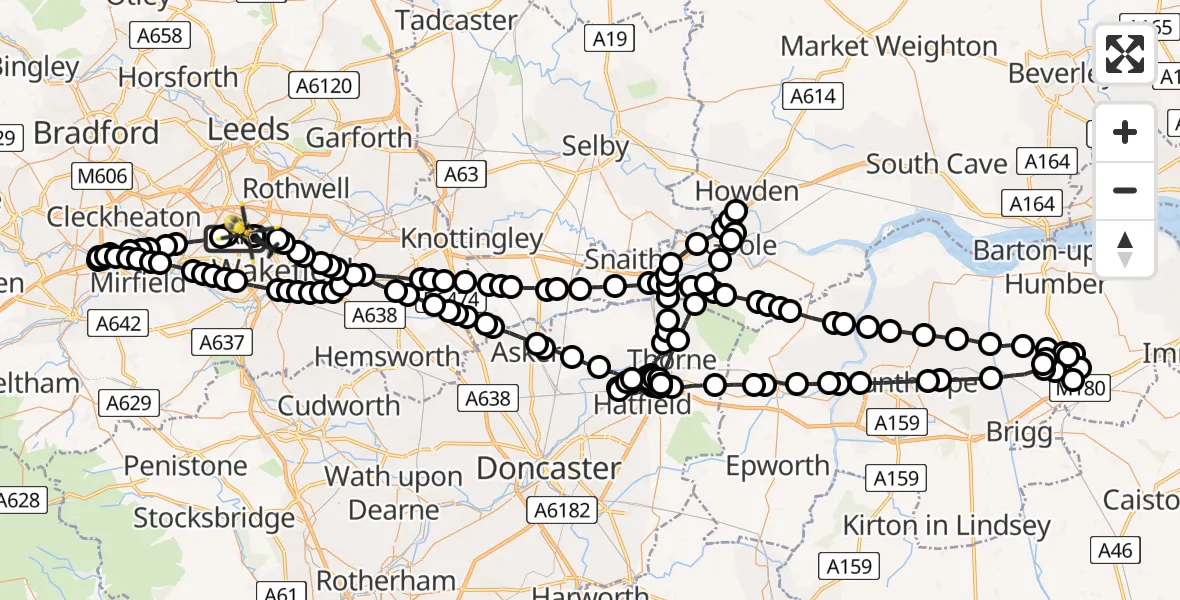 Flight route Police Helicopter East Ardsley - East Ardsley, 22 July 2026, 20:08