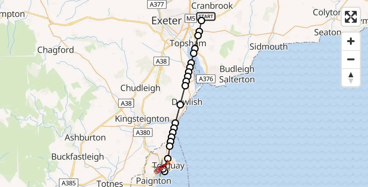 Flight route Air Ambulance Helicopter Exeter International Airport - Torquay, 22 July 2026, 20:28