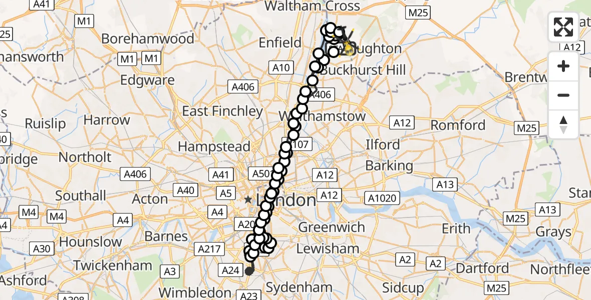 Flight route Police Helicopter Sewardstonebury - Metropolitan Police Air Support Unit Lippitts Hill, 22 July 2026, 20:30