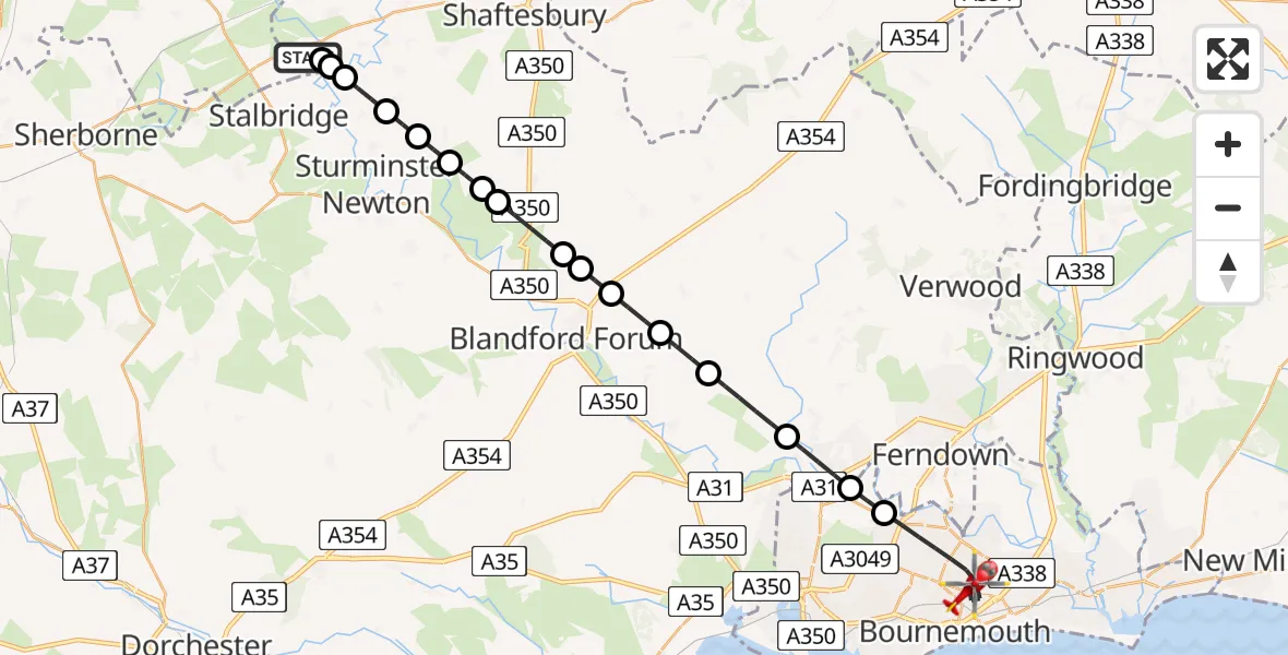 Flight route Air Ambulance Helicopter Henstridge Airfield - Bournemouth, 22 July 2026, 20:40