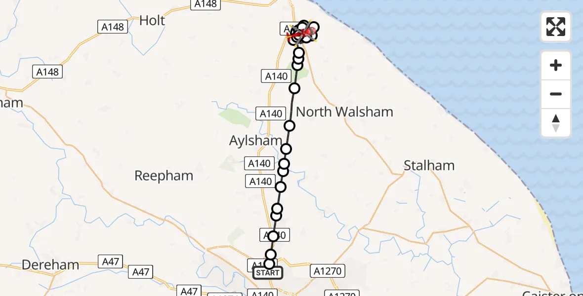 Flight route Air Ambulance Helicopter Norwich Airport - Northrepps Aerodrome, 22 July 2026, 20:41