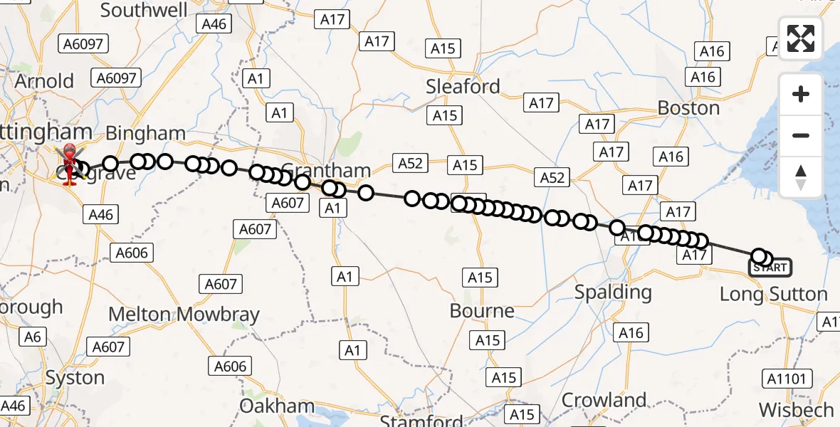 Flight route Air Ambulance Helicopter Wingland Airfield - Nottingham City Airport, 22 July 2026, 21:06