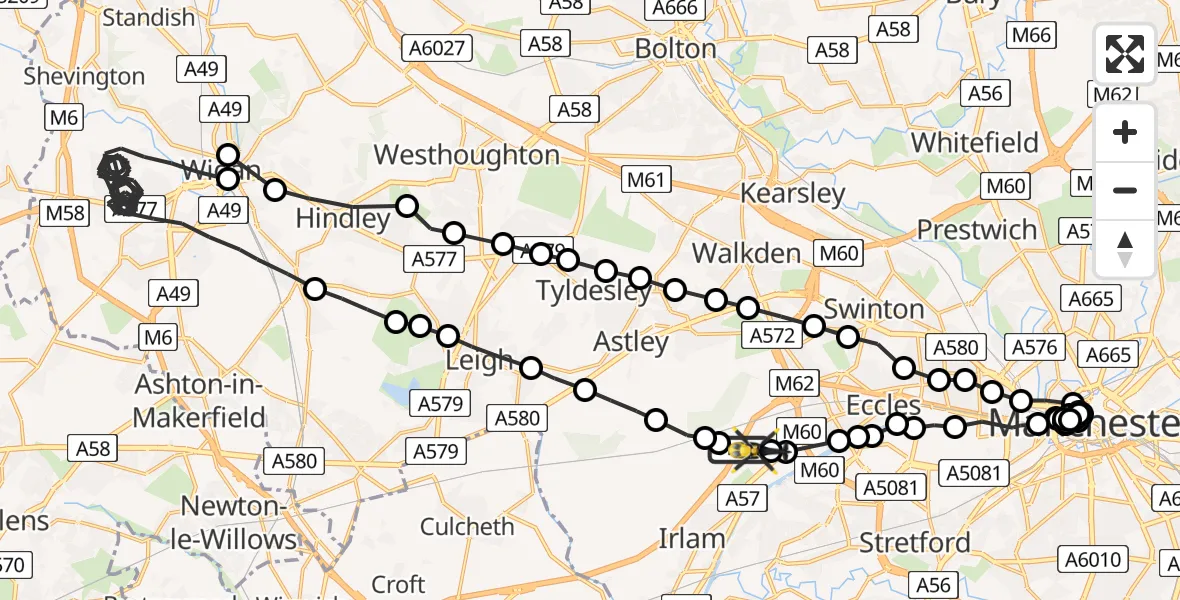 Flight route Police Helicopter Manchester Barton Aerodrome - Manchester Barton Aerodrome, 22 July 2026, 21:06