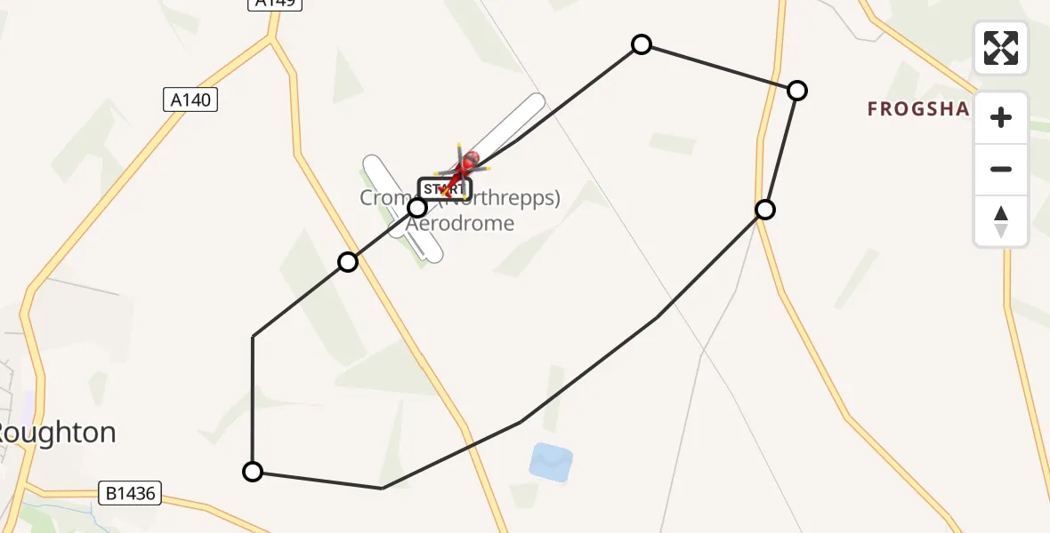 Flight route Air Ambulance Helicopter Northrepps Aerodrome - Northrepps Aerodrome, 22 July 2026, 21:11