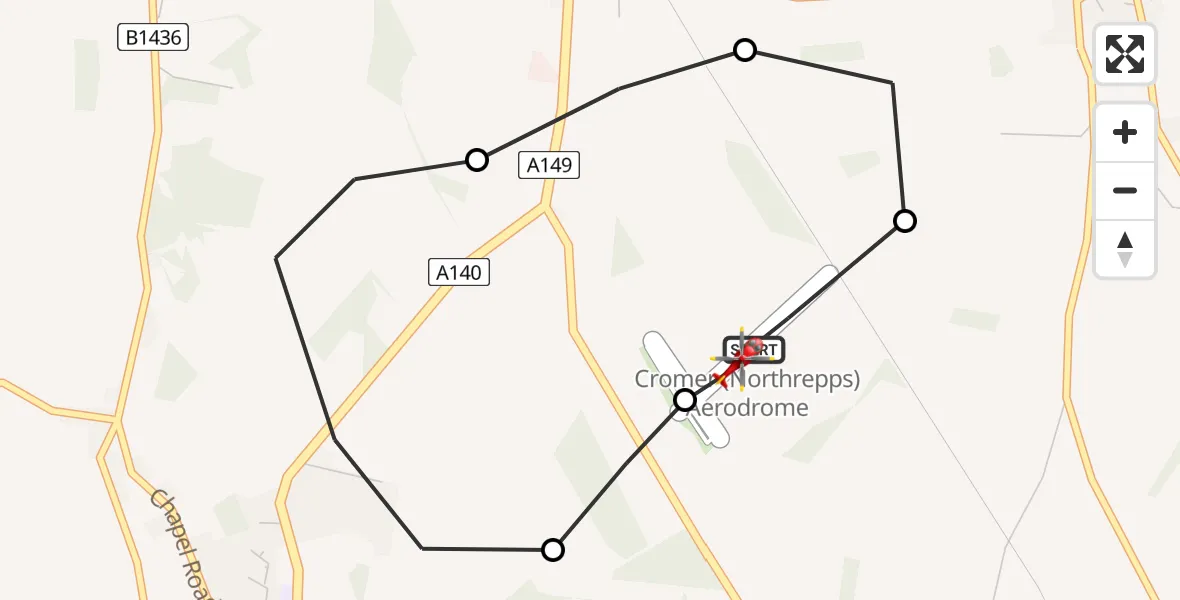 Flight route Air Ambulance Helicopter Northrepps Aerodrome - Northrepps Aerodrome, 22 July 2026, 21:16