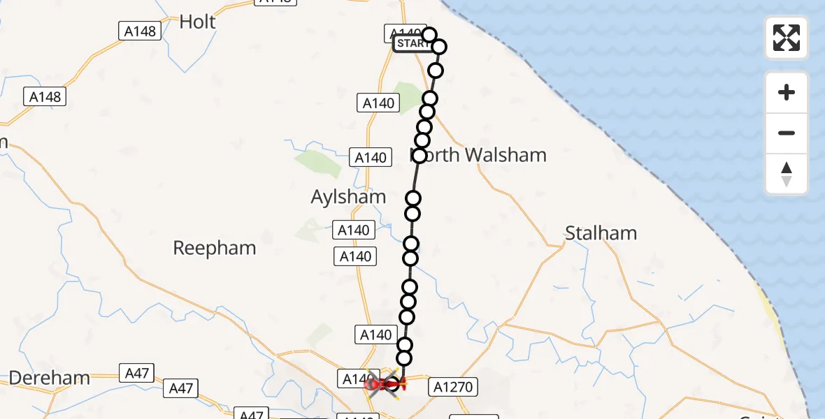 Flight route Air Ambulance Helicopter Northrepps Aerodrome - Norwich Airport, 22 July 2026, 21:20