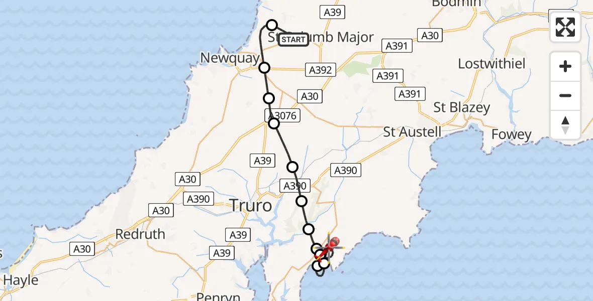 Flight route Air Ambulance Helicopter Cornwall Airport Newquay - Veryan, 22 July 2026, 21:21