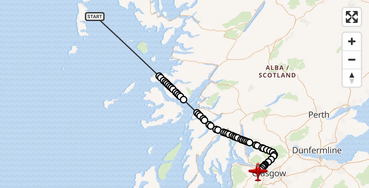 Flight route Air Ambulance Aircraft Inner Seas - Glasgow Airport, 22 July 2026, 21:29
