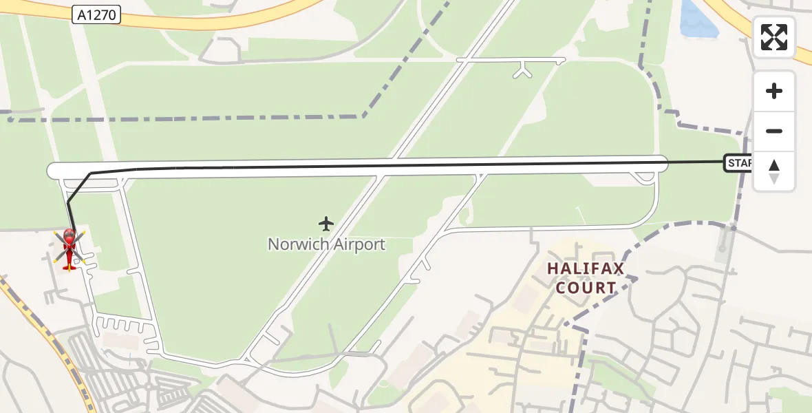 Flight route Air Ambulance Helicopter Norwich Airport - Norwich Airport, 22 July 2026, 21:32