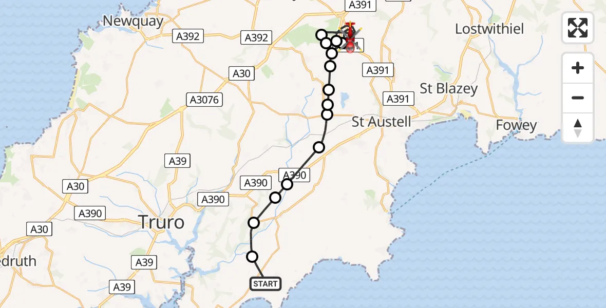 Flight route Air Ambulance Helicopter Veryan - Roche, 22 July 2026, 21:45