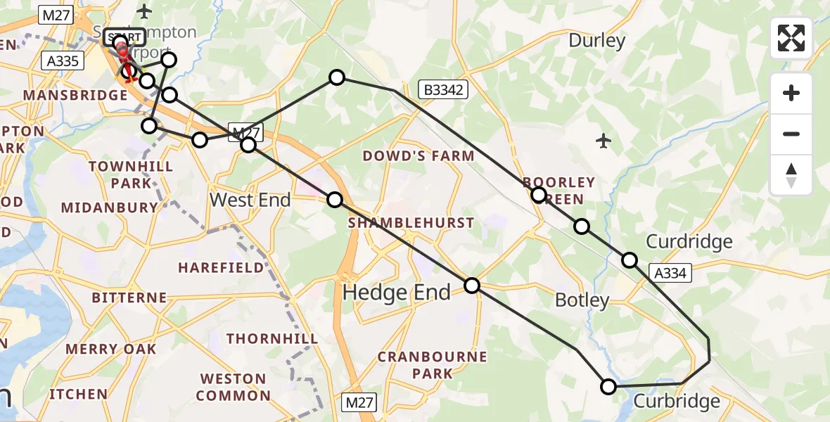Flight route Air Ambulance Helicopter Southampton Airport - Southampton Airport, 22 July 2026, 21:45