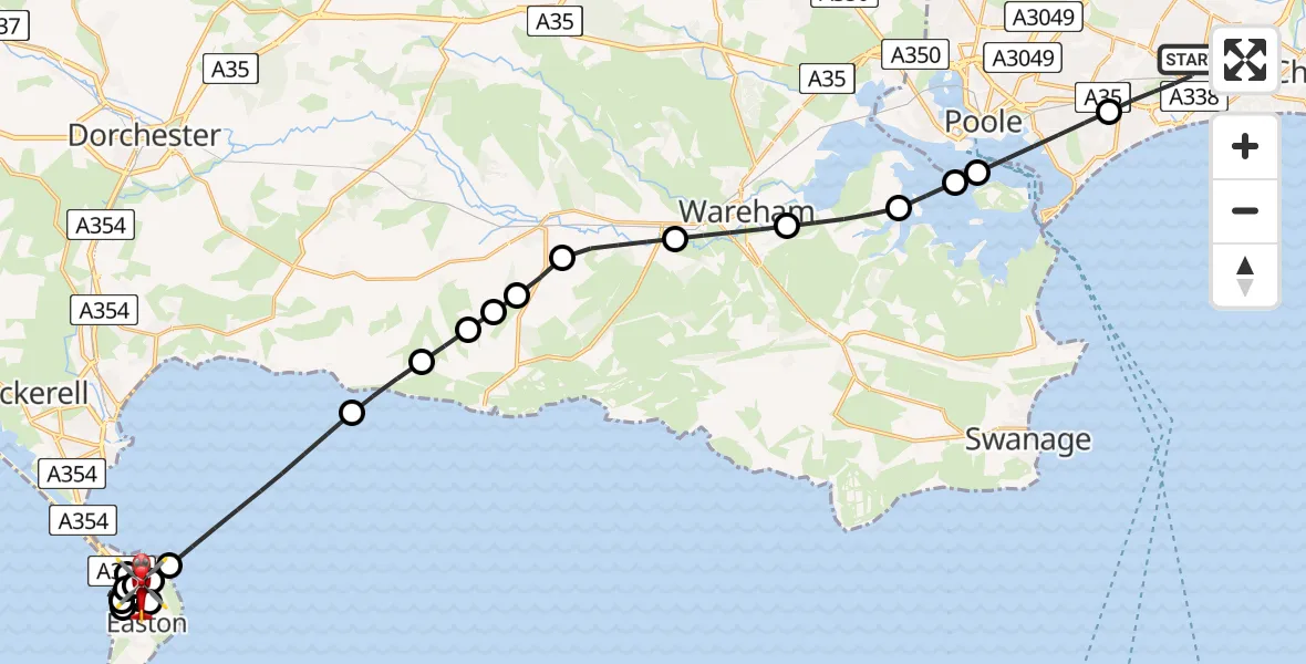Flight route Air Ambulance Helicopter Bournemouth - Easton, 22 July 2026, 21:48
