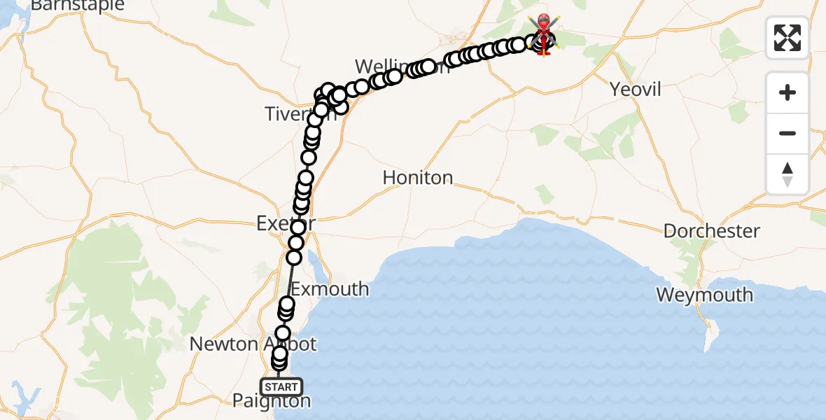 Flight route Air Ambulance Helicopter Torquay - Curry Rivel, 22 July 2026, 21:54