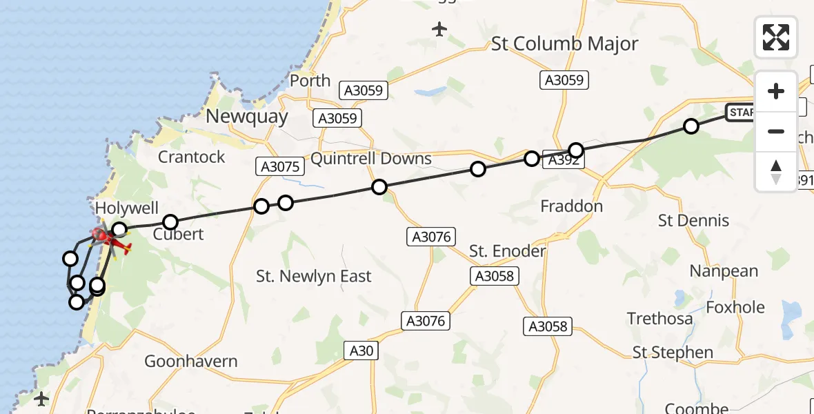 Flight route Air Ambulance Helicopter Roche - Perranzabuloe, 22 July 2026, 22:12