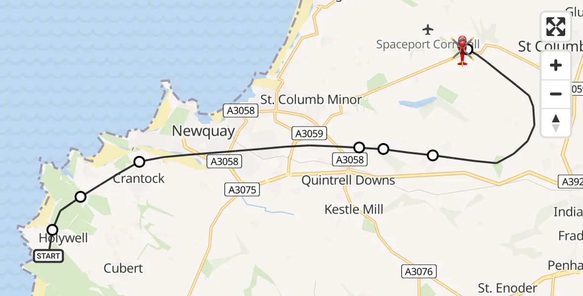Flight route Air Ambulance Helicopter Perranzabuloe - Cornwall Airport Newquay, 22 July 2026, 22:28