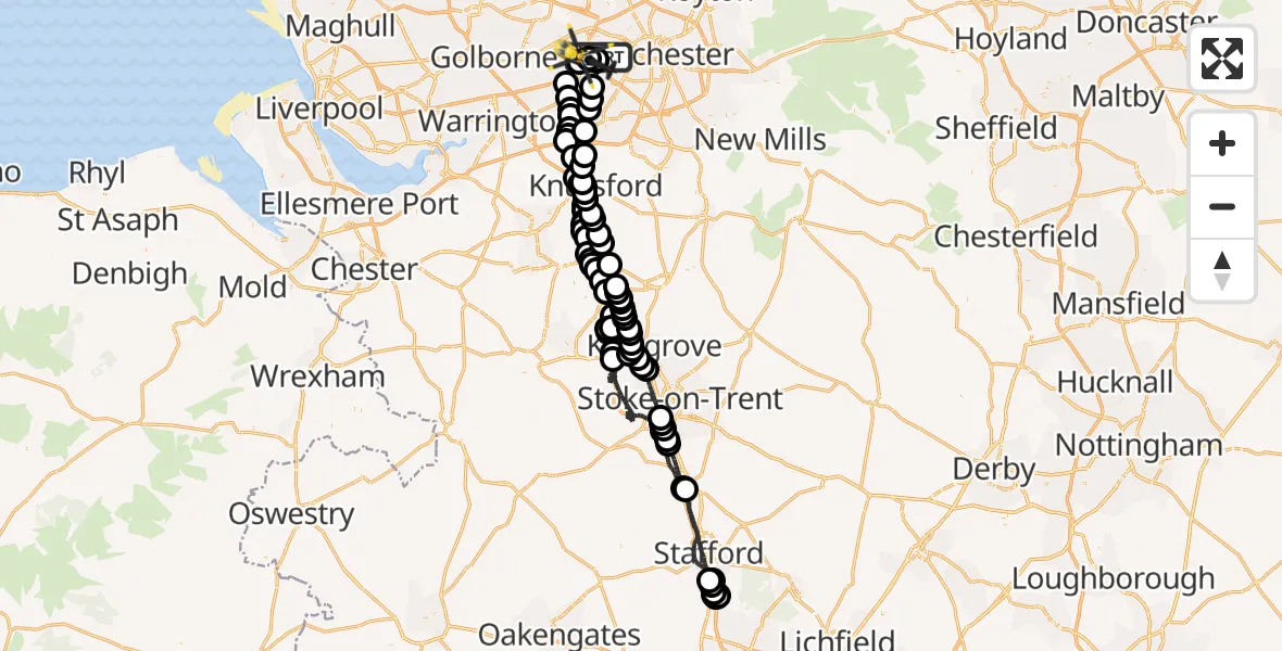 Flight route Police Helicopter Worsley - Manchester Barton Aerodrome, 22 July 2026, 22:45