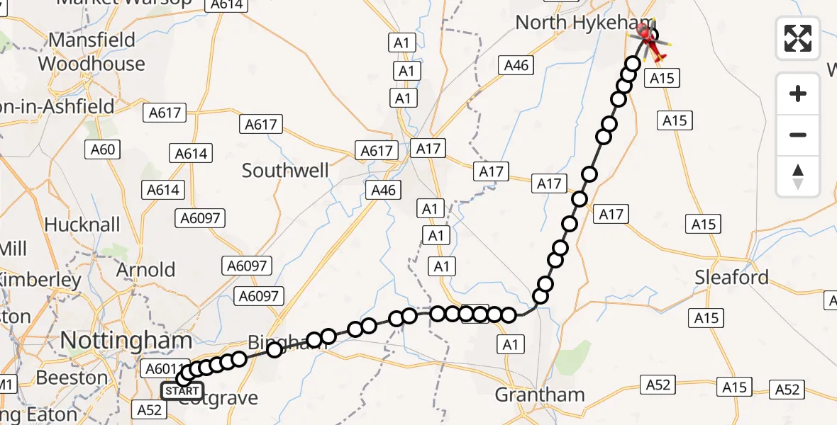 Flight route Air Ambulance Helicopter Nottingham City Airport - North Kesteven, 22 July 2026, 22:52