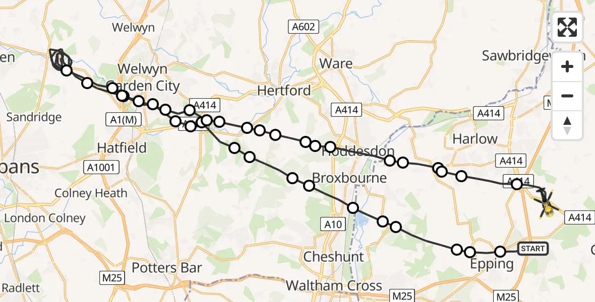 Flight route Police Helicopter Coopersale - North Weald Bassett, 22 July 2026, 22:56