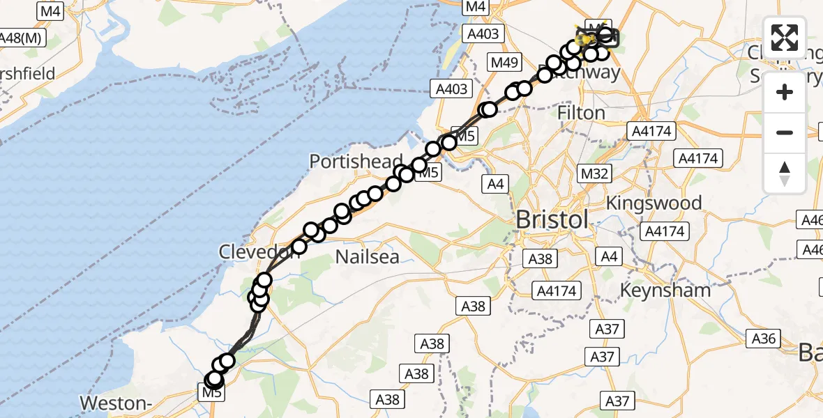 Flight route Police Helicopter Almondsbury Helicopter Base - Almondsbury Helicopter Base, 22 July 2026, 23:04