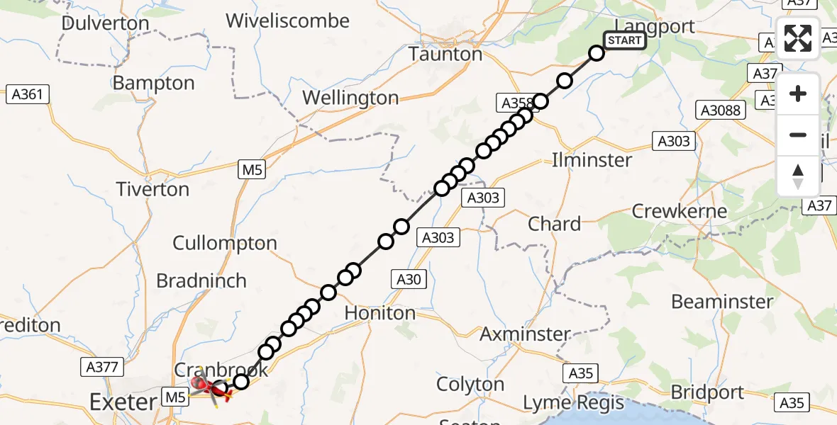 Flight route Air Ambulance Helicopter Curry Rivel - Exeter International Airport, 22 July 2026, 23:14