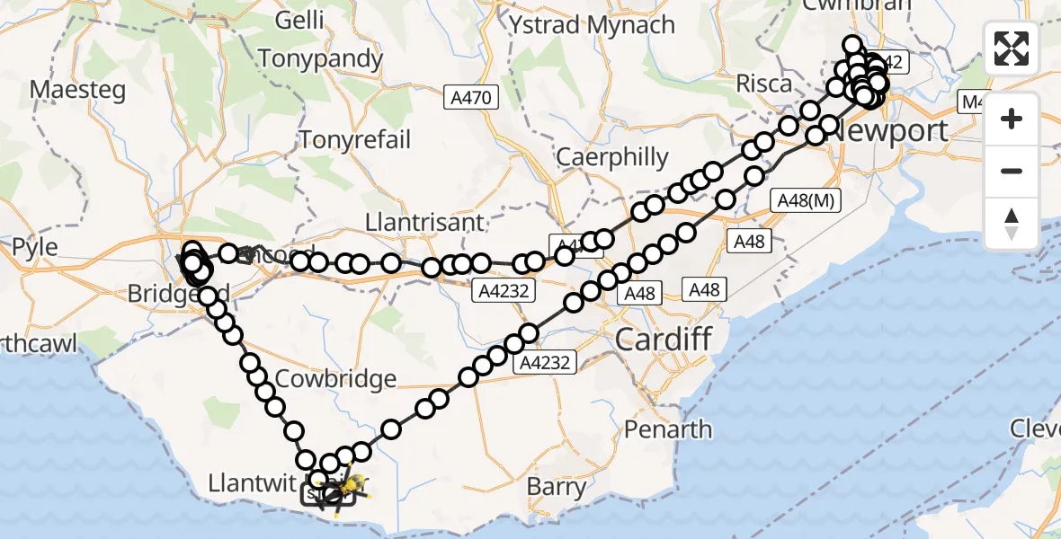 Flight route Police Helicopter MOD St Athan - MOD St Athan, 22 July 2026, 23:35