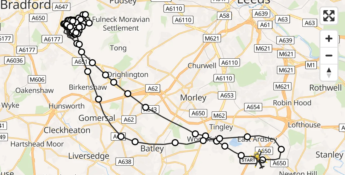 Flight route Police Helicopter East Ardsley - East Ardsley, 22 July 2026, 23:48