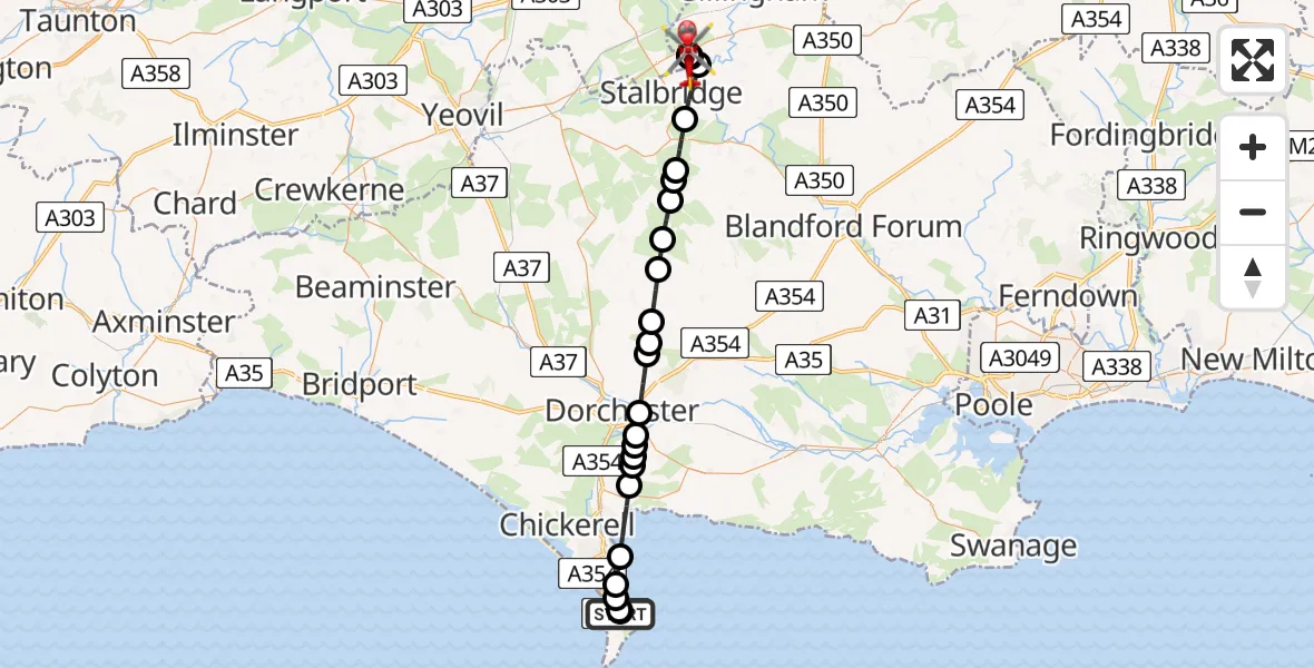 Flight route Air Ambulance Helicopter Fortuneswell - Henstridge Airfield, 23 July 2026, 00:15