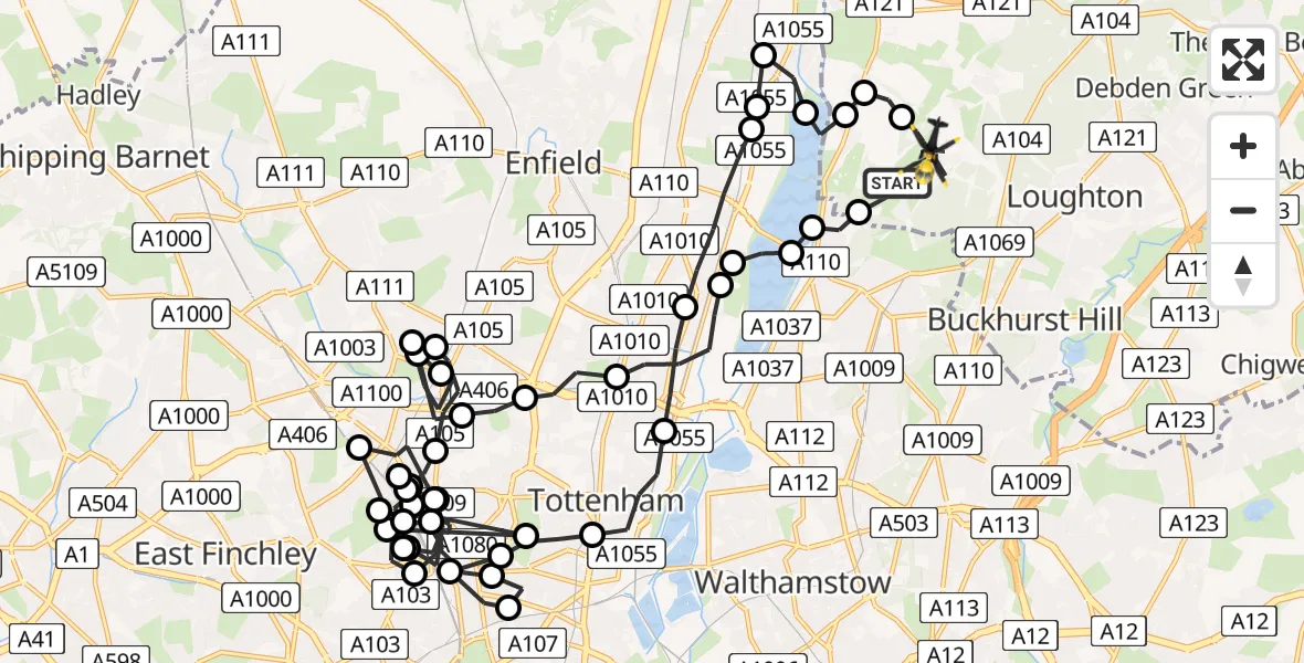 Flight route Police Helicopter Sewardstonebury - Metropolitan Police Air Support Unit Lippitts Hill, 23 July 2026, 01:42