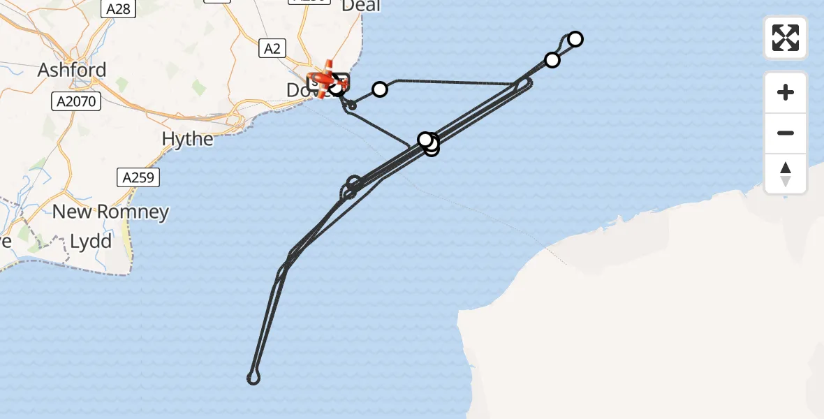 Flight route Coastguard Drone Langdon Battery Heliport - Swingate Airfield, 23 July 2026, 02:24