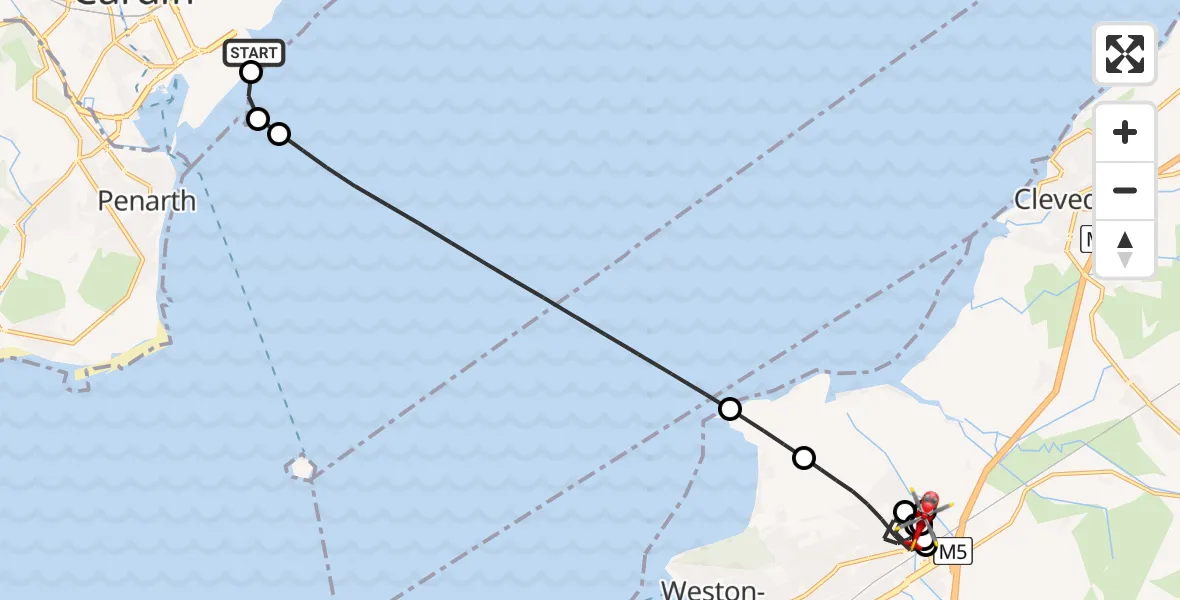 Flight route Air Ambulance Helicopter Cardiff Heliport - Bourton, 23 July 2026, 03:37