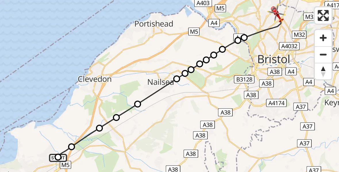 Flight route Air Ambulance Helicopter Weston-super-Mare - Bristol, 23 July 2026, 04:46