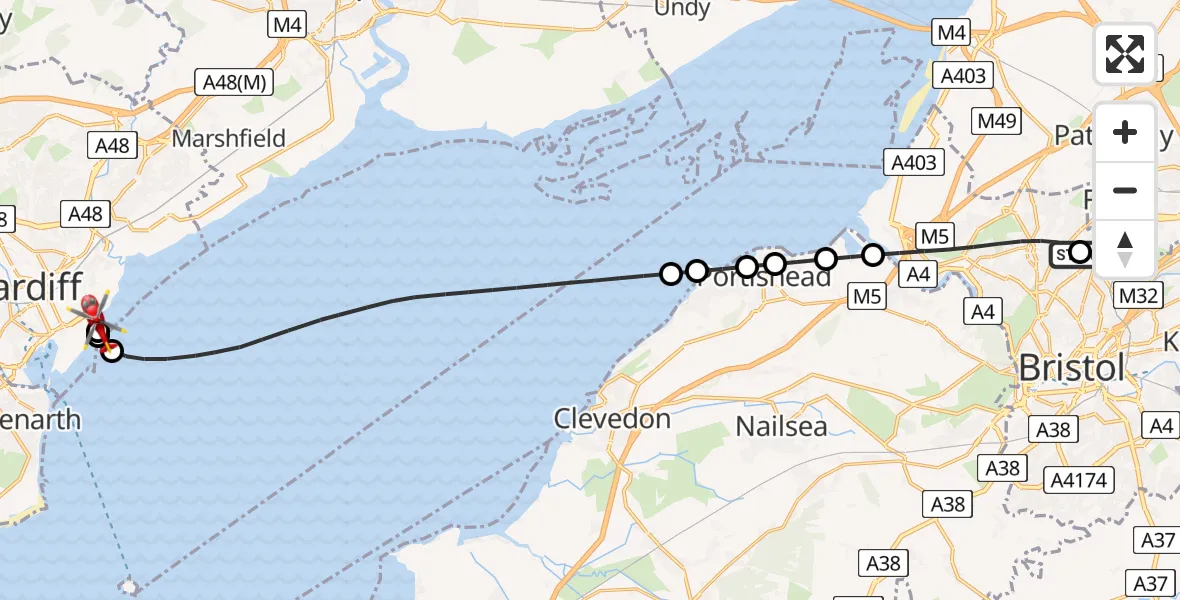 Flight route Air Ambulance Helicopter Southmead Hospital - Cardiff Heliport, 23 July 2026, 05:45