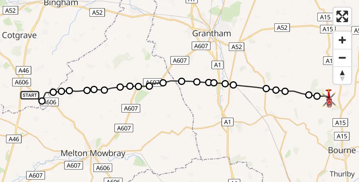 Flight route Air Ambulance Helicopter Hickling - Kirkby Underwood, 23 July 2026, 05:50