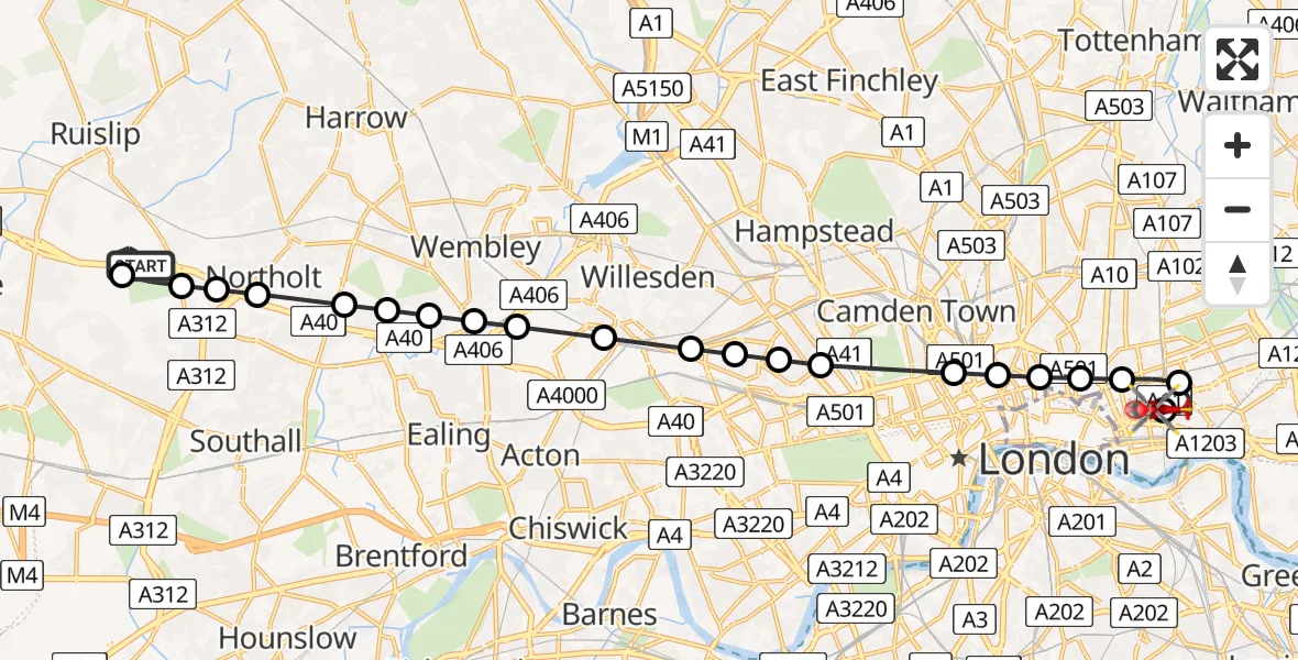 Flight route Air Ambulance Helicopter RAF Northolt - Royal London Hospital, 23 July 2026, 06:36