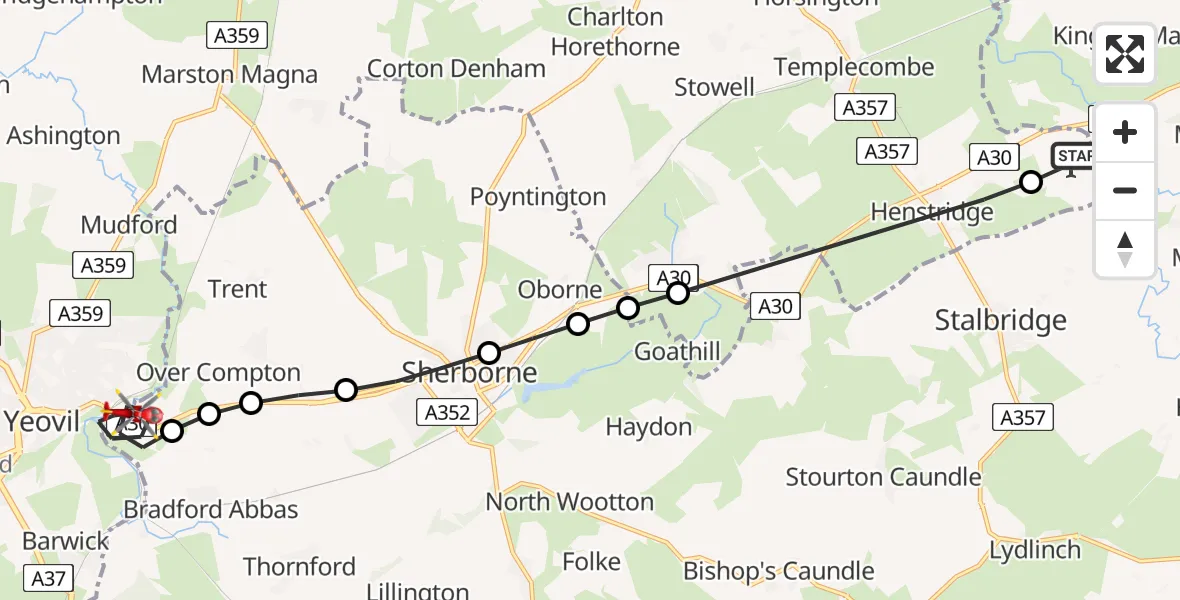Flight route Air Ambulance Helicopter Henstridge Airfield - Yeovil, 23 July 2026, 06:51