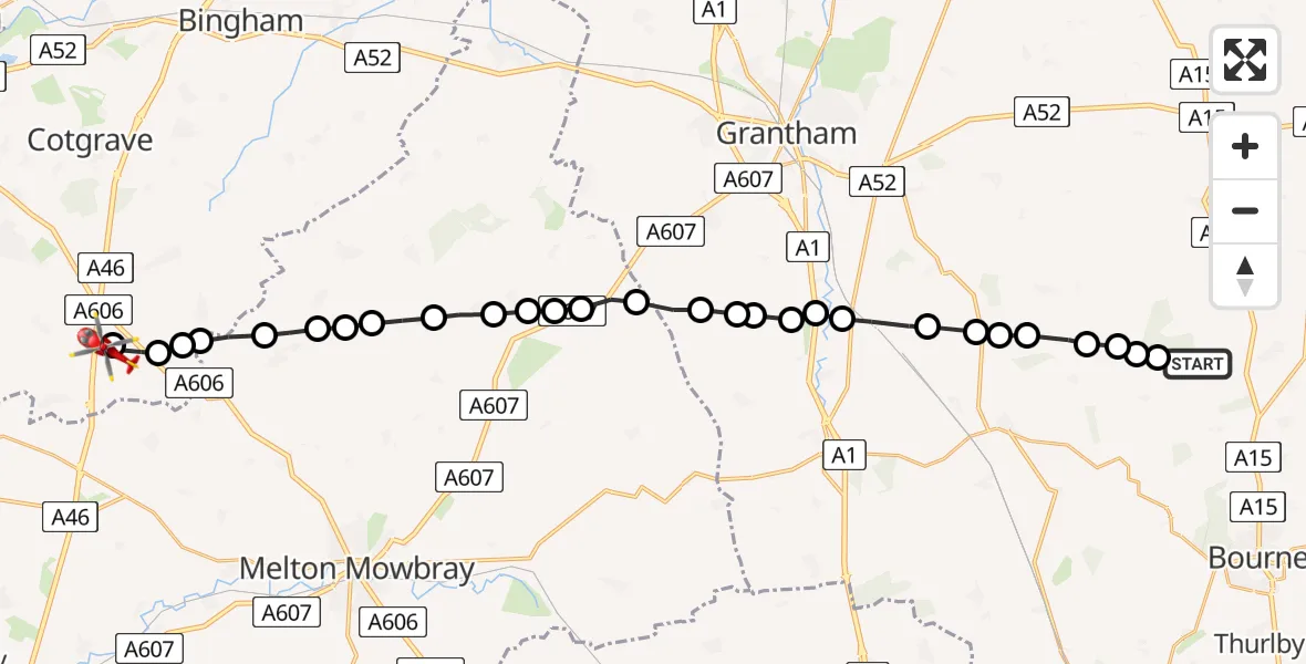 Flight route Air Ambulance Helicopter Kirkby Underwood - Nottingham Heliport, 23 July 2026, 07:15