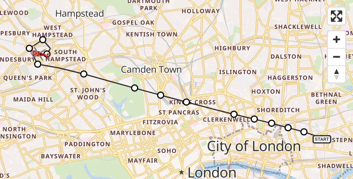 Flight route Air Ambulance Helicopter Royal London Hospital - South Hampstead, 23 July 2026, 07:16